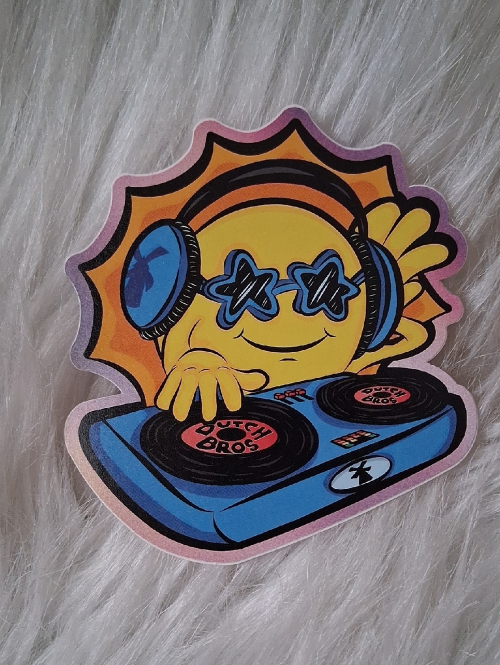 Dutch Bros Yellow Sun DJ Sticker with Blue Turntable